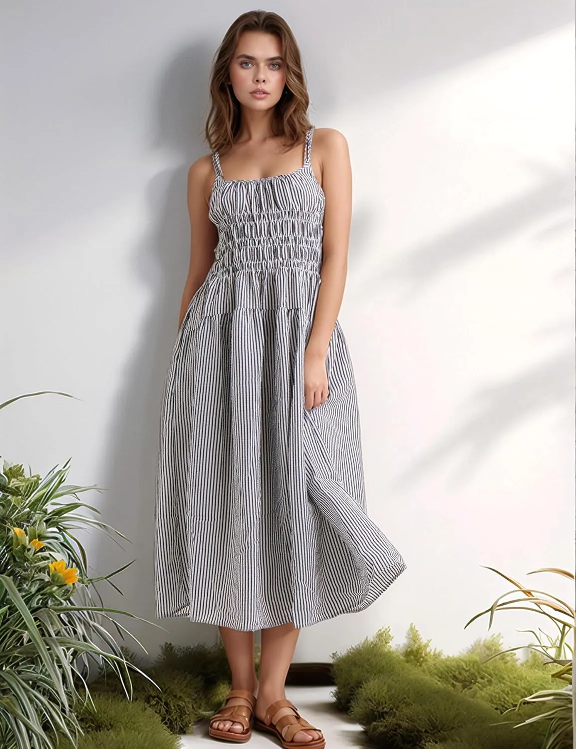 Women's 2025 Summer Striped Smocked Maxi Dress Sleeveless Boho Sundress Double Strap Flowy Swing for Beach Vacation