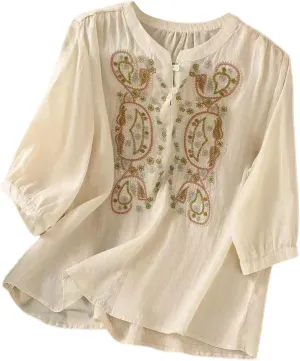 Womens 3/4 Sleeve Linen Shirts 2025 Cotton Summer Retro Embroidered Boho Tops Dressy Casual Beach Vacation Blouses