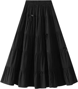 Women's A-Line Bow Elastic Waist Midi Skirt Fairy Flowy Tulle Pleated Tiered Party Long Skirts
