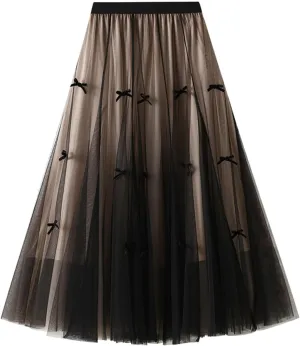 Women's A-Line Bow Elastic Waist Midi Skirt Fairy Flowy Tulle Pleated Tiered Party Long Skirts