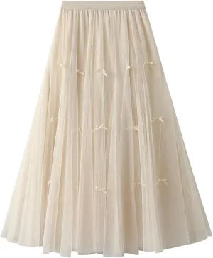Women's A-Line Bow Elastic Waist Midi Skirt Fairy Flowy Tulle Pleated Tiered Party Long Skirts