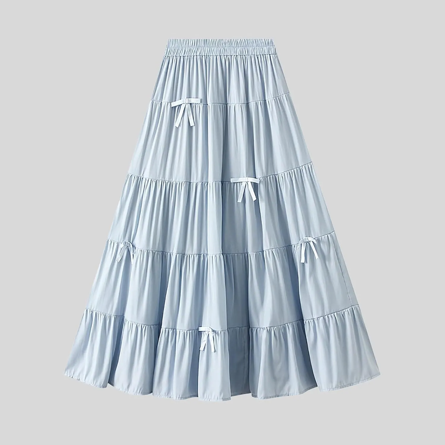 Women's A-Line Bow Elastic Waist Midi Skirt Fairy Flowy Tulle Pleated Tiered Party Long Skirts