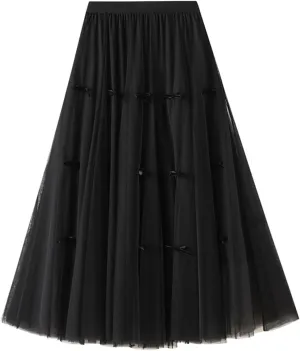Women's A-Line Bow Elastic Waist Midi Skirt Fairy Flowy Tulle Pleated Tiered Party Long Skirts