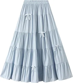 Women's A-Line Bow Elastic Waist Midi Skirt Fairy Flowy Tulle Pleated Tiered Party Long Skirts