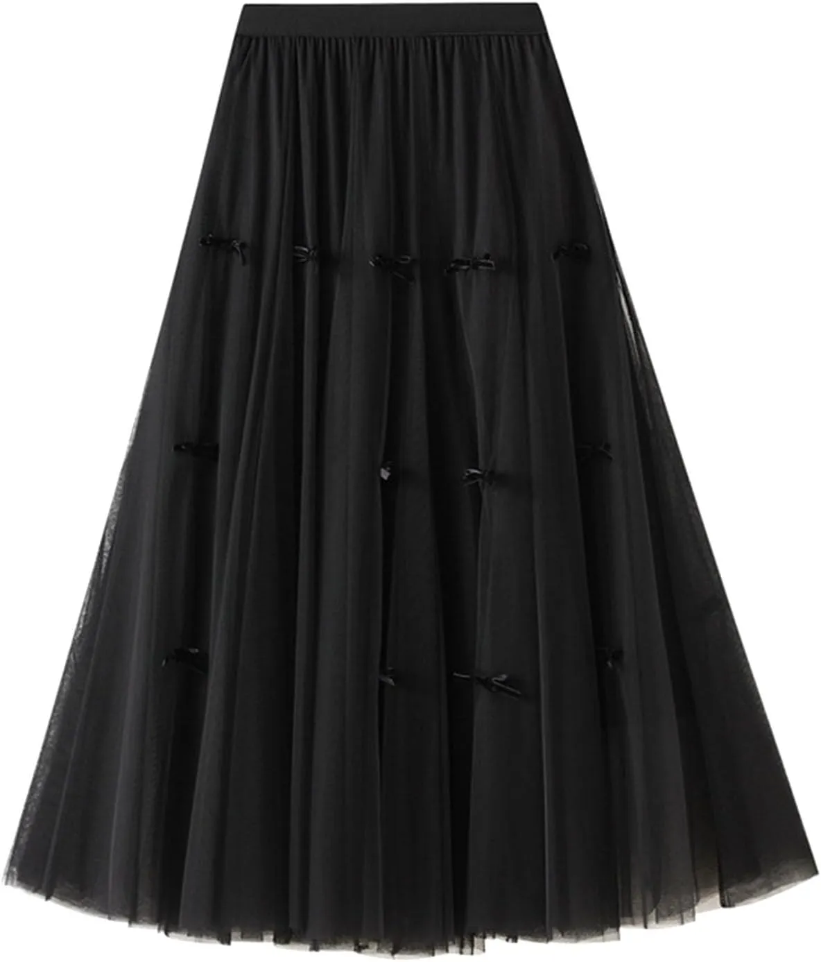 Women's A-Line Bow Elastic Waist Midi Skirt Fairy Flowy Tulle Pleated Tiered Party Long Skirts