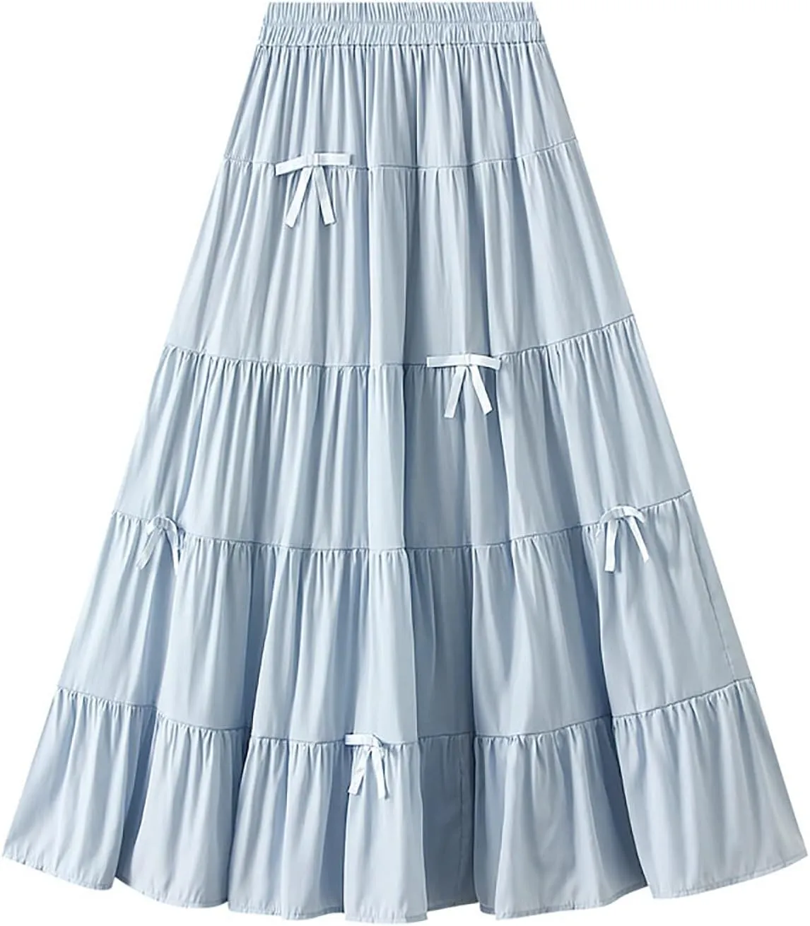 Women's A-Line Bow Elastic Waist Midi Skirt Fairy Flowy Tulle Pleated Tiered Party Long Skirts