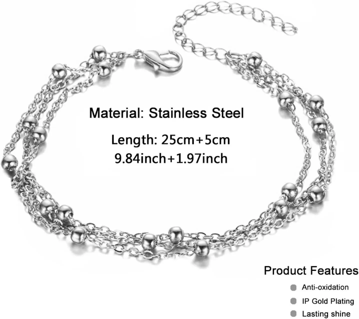Womens Ankle Bracelets Beaded, Beach Anklet Bracelet Stainless Steel Multi-Layer Chain Silver/Gold Foot Jewelry for Vacation Party