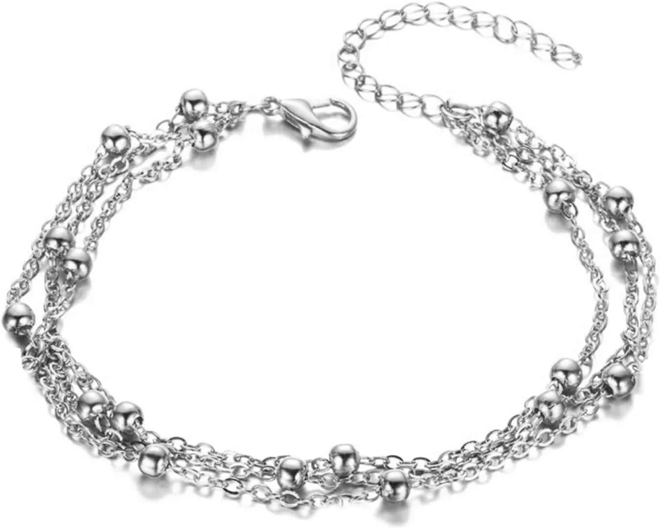 Womens Ankle Bracelets Beaded, Beach Anklet Bracelet Stainless Steel Multi-Layer Chain Silver/Gold Foot Jewelry for Vacation Party