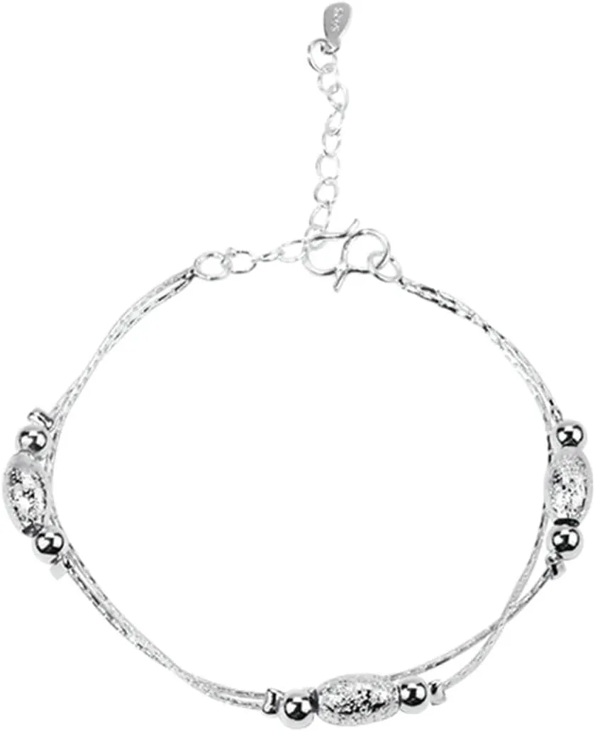 Womens Anklet Beaded, Cute Summer Anklets Trendy Double Layer Chain with Beads Silver Foot Jewelry 10Inch(25cm)