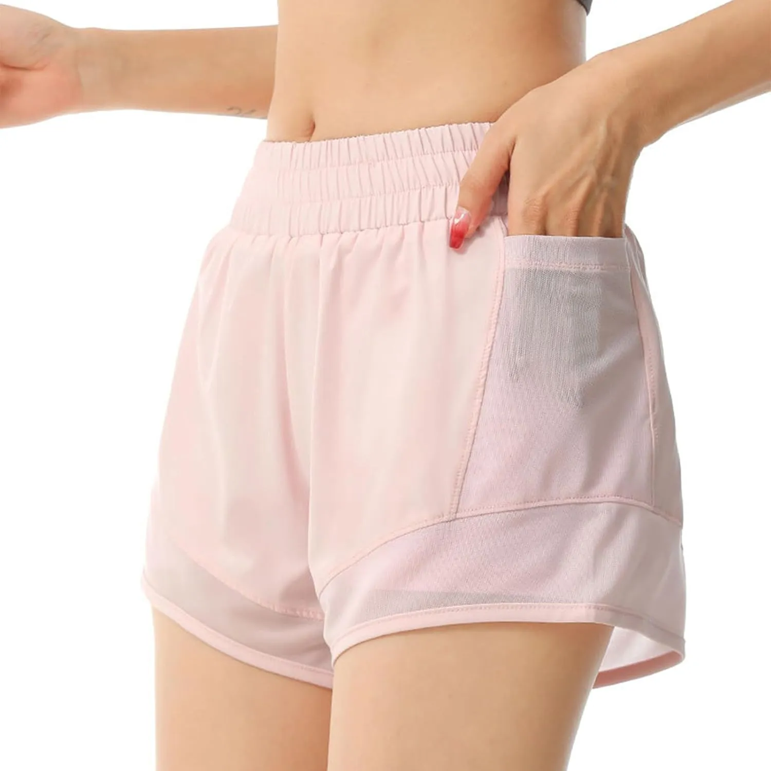 Women's Athletic Yoga Shorts High Waisted Workout Running Shorts Lightweight Mesh Patchwork Stretch Gym Yoga Shorts