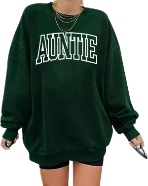 Womens Aunt Sweatshirt Auntie Letter Print Long Sleeve Pullover Top Oversized Cool Aunt Embroidered Crewneck Shirts