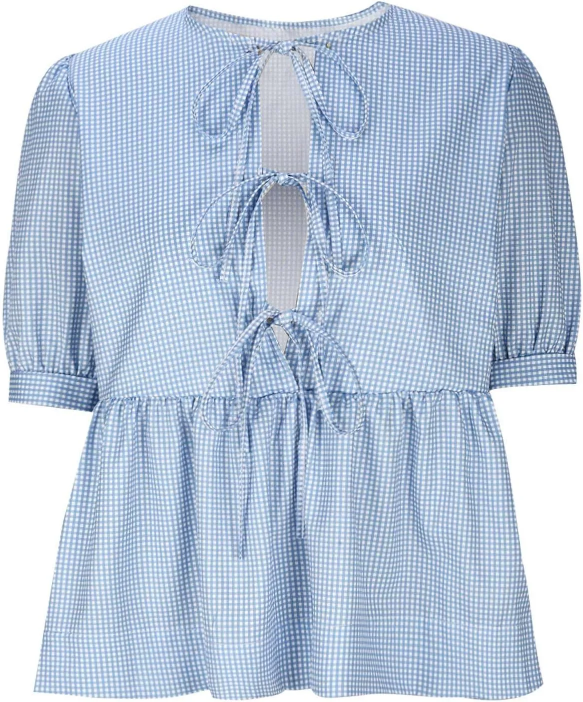 Womens Blouses Plaid Short Puff Sleeve Tops Cute Tie Front Peplum Shirts Summer Girls Fashion Casual Loose Clothes