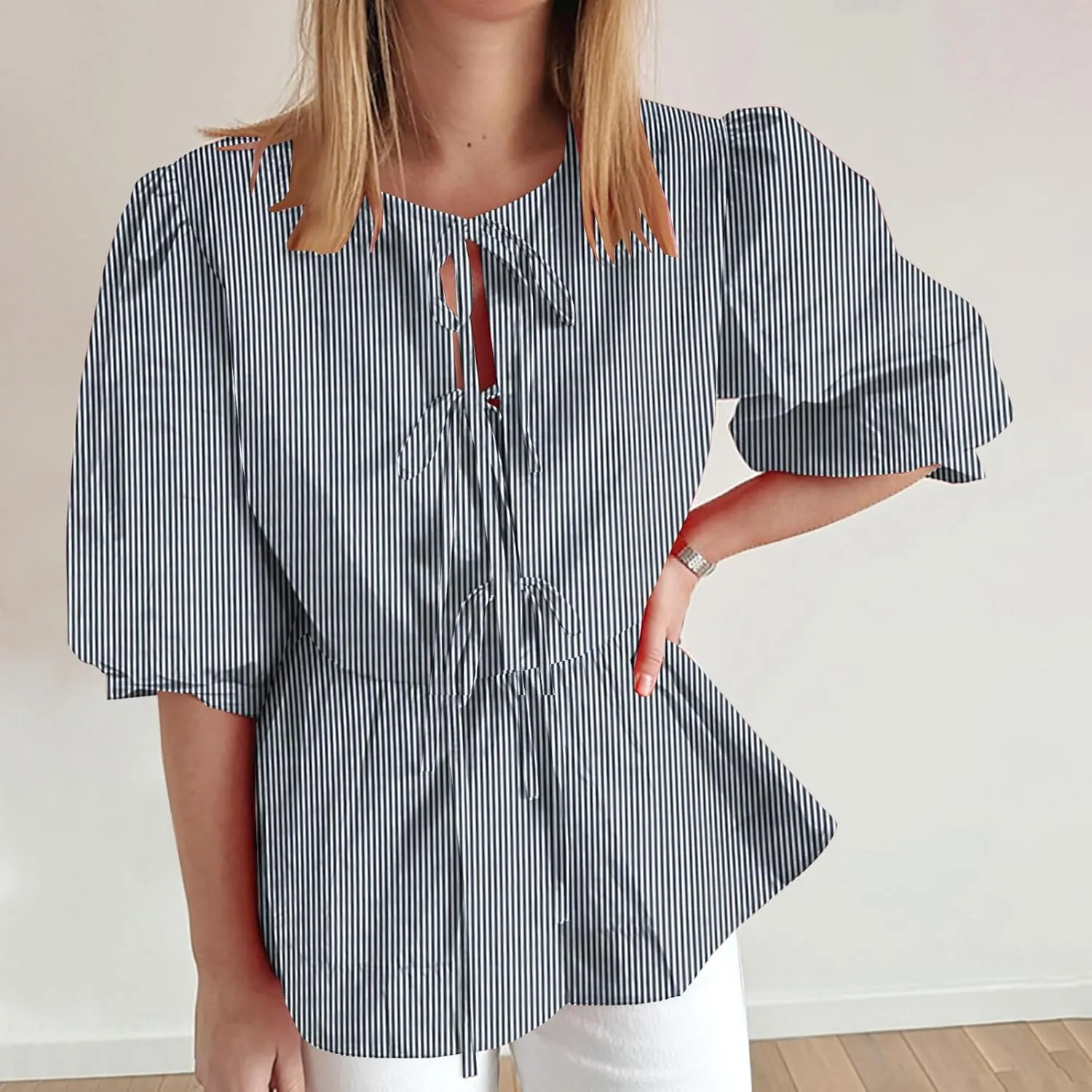 Womens Blouses Plaid Short Puff Sleeve Tops Cute Tie Front Peplum Shirts Summer Girls Fashion Casual Loose Clothes