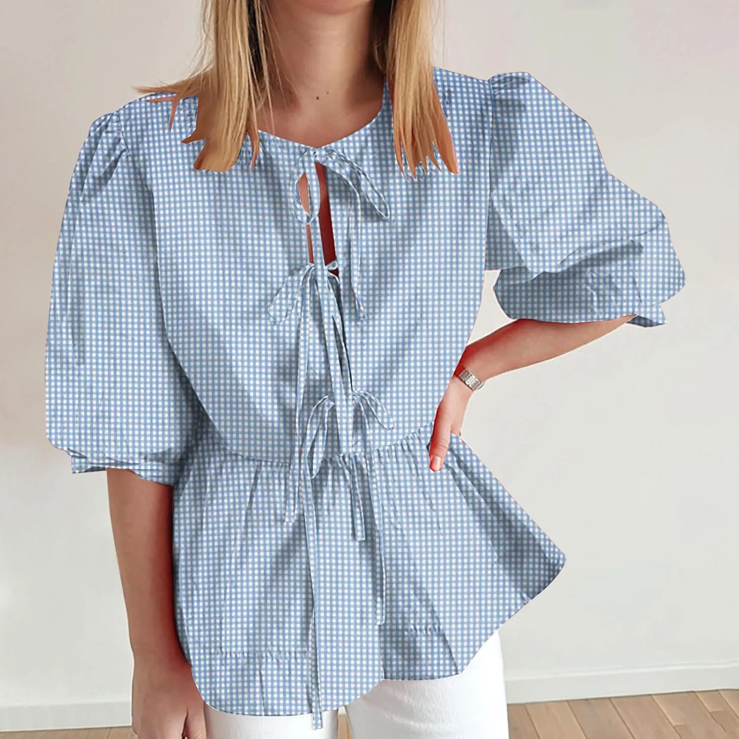 Womens Blouses Plaid Short Puff Sleeve Tops Cute Tie Front Peplum Shirts Summer Girls Fashion Casual Loose Clothes