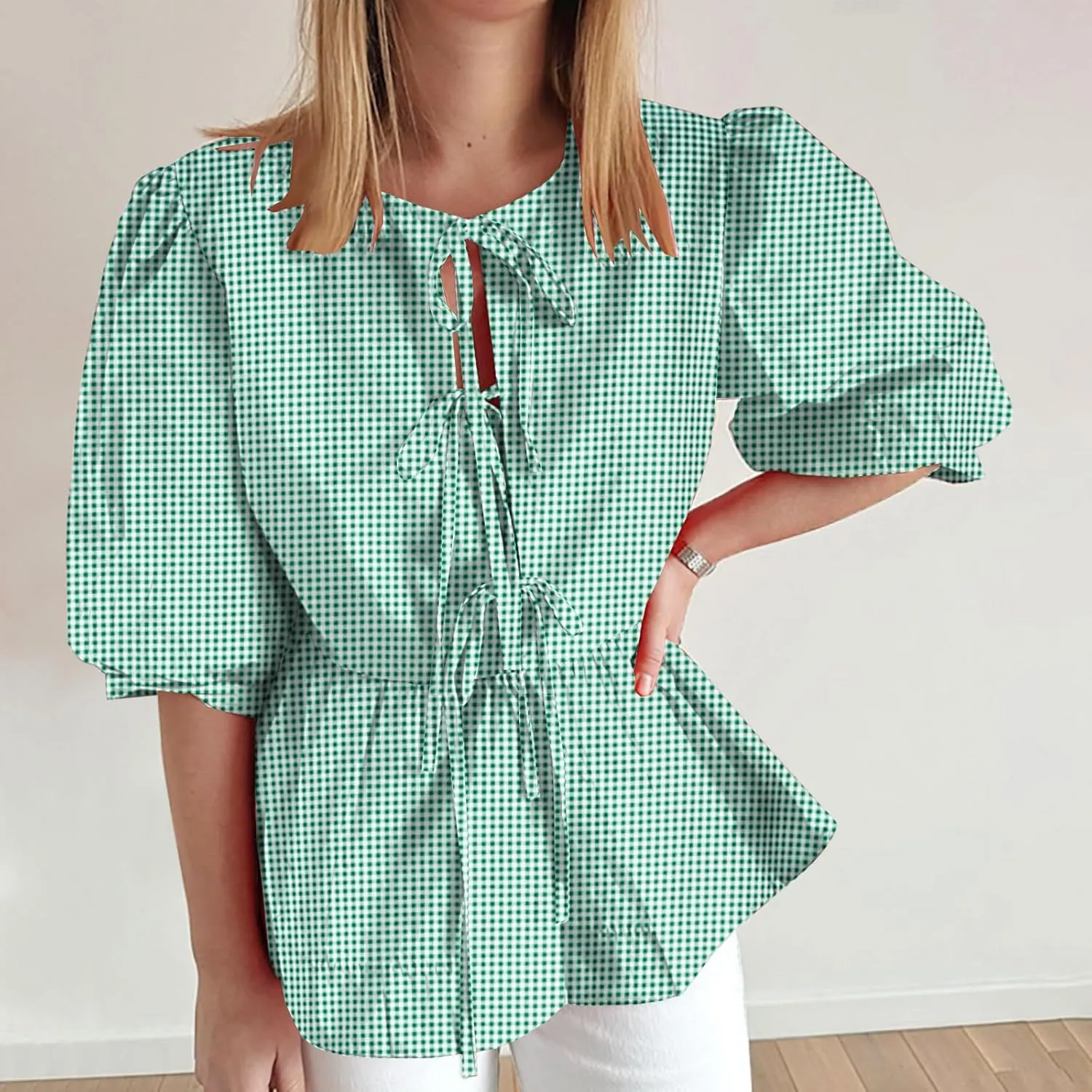 Womens Blouses Plaid Short Puff Sleeve Tops Cute Tie Front Peplum Shirts Summer Girls Fashion Casual Loose Clothes