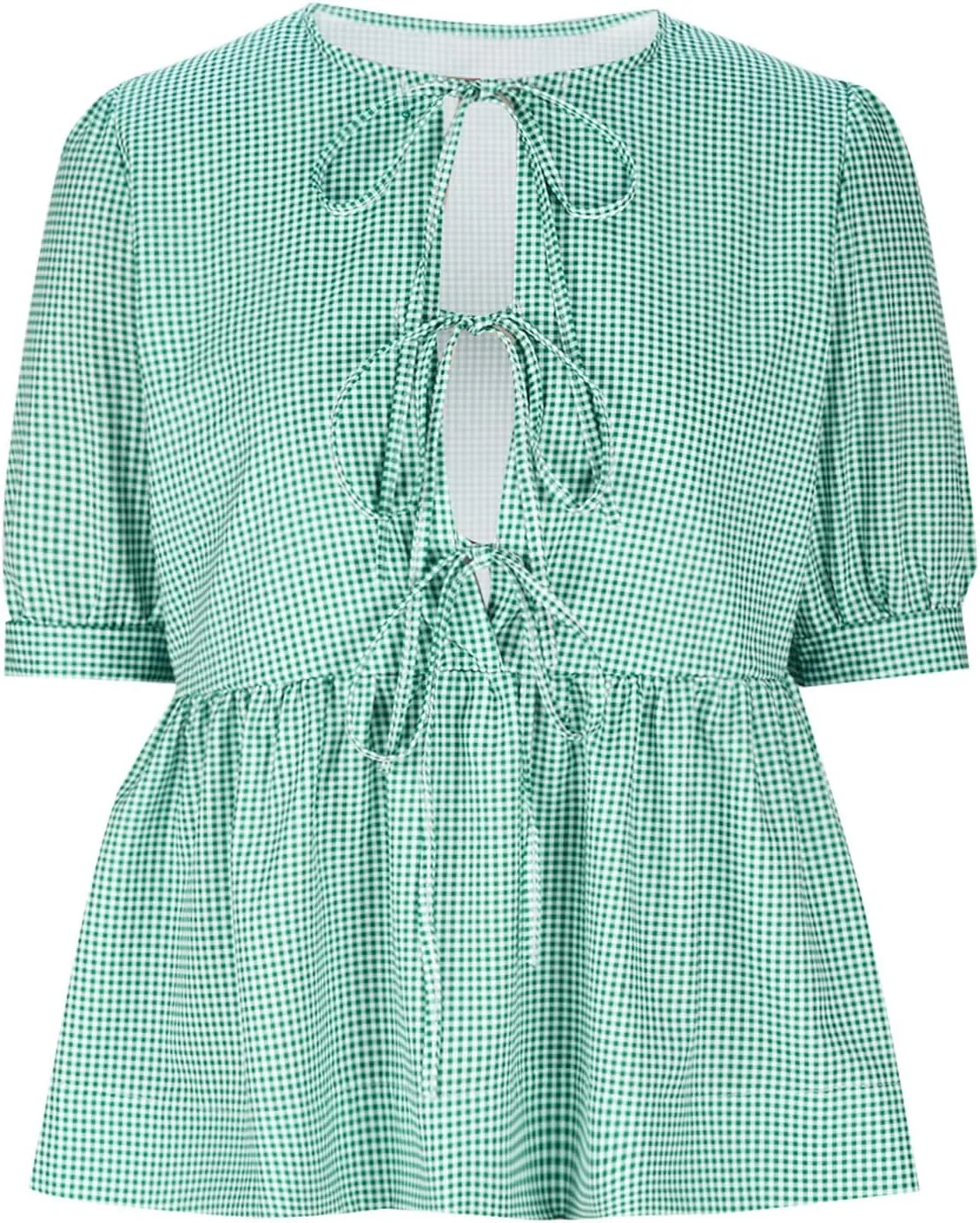 Womens Blouses Plaid Short Puff Sleeve Tops Cute Tie Front Peplum Shirts Summer Girls Fashion Casual Loose Clothes