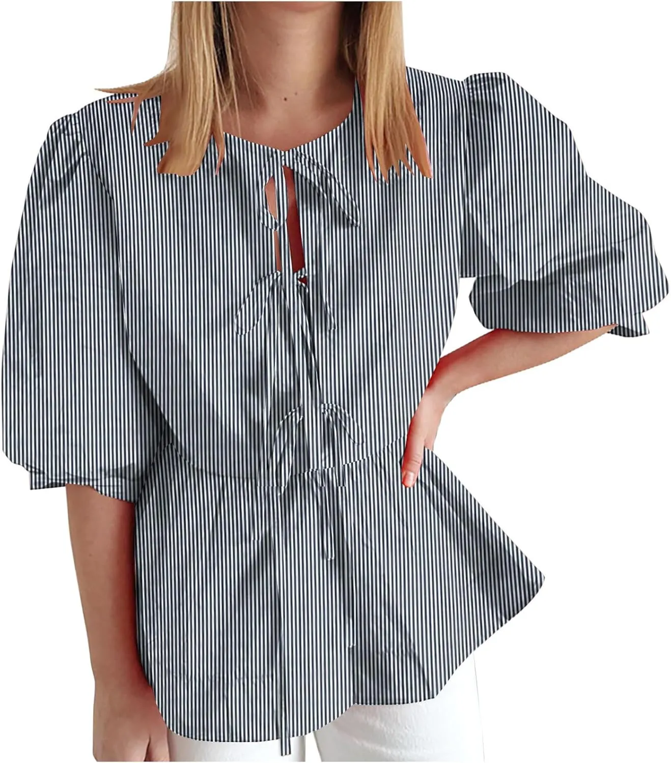 Womens Blouses Plaid Short Puff Sleeve Tops Cute Tie Front Peplum Shirts Summer Girls Fashion Casual Loose Clothes