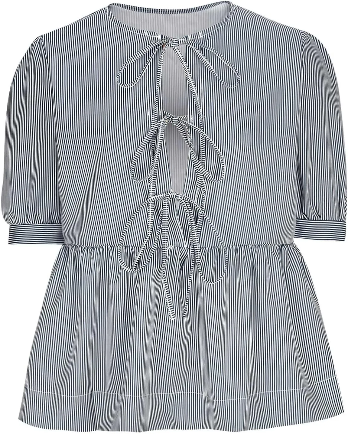 Womens Blouses Plaid Short Puff Sleeve Tops Cute Tie Front Peplum Shirts Summer Girls Fashion Casual Loose Clothes