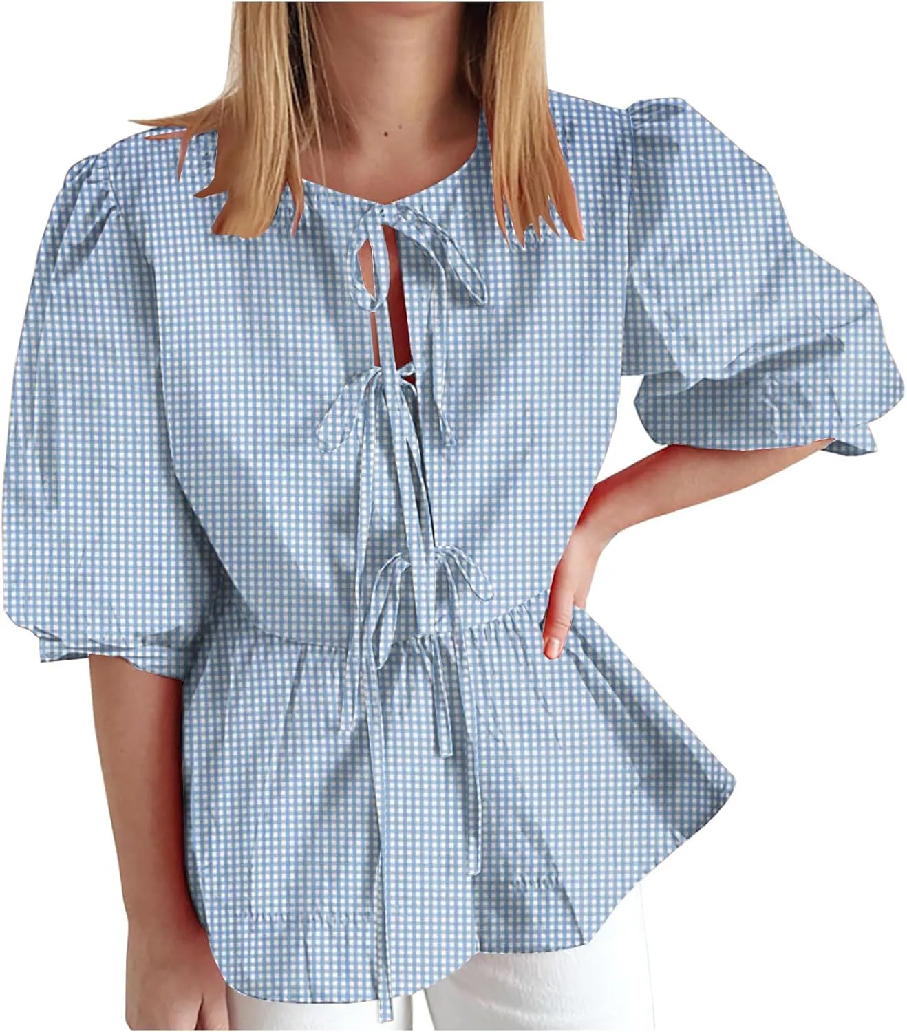 Womens Blouses Plaid Short Puff Sleeve Tops Cute Tie Front Peplum Shirts Summer Girls Fashion Casual Loose Clothes