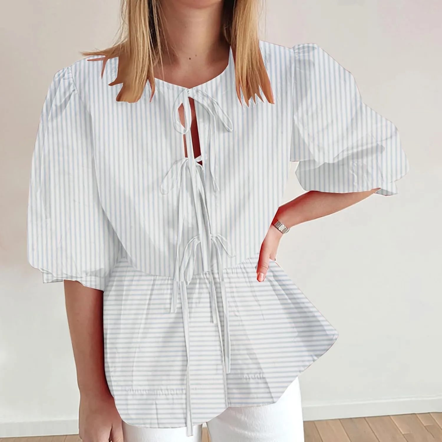 Womens Blouses Plaid Short Puff Sleeve Tops Cute Tie Front Peplum Shirts Summer Girls Fashion Casual Loose Clothes