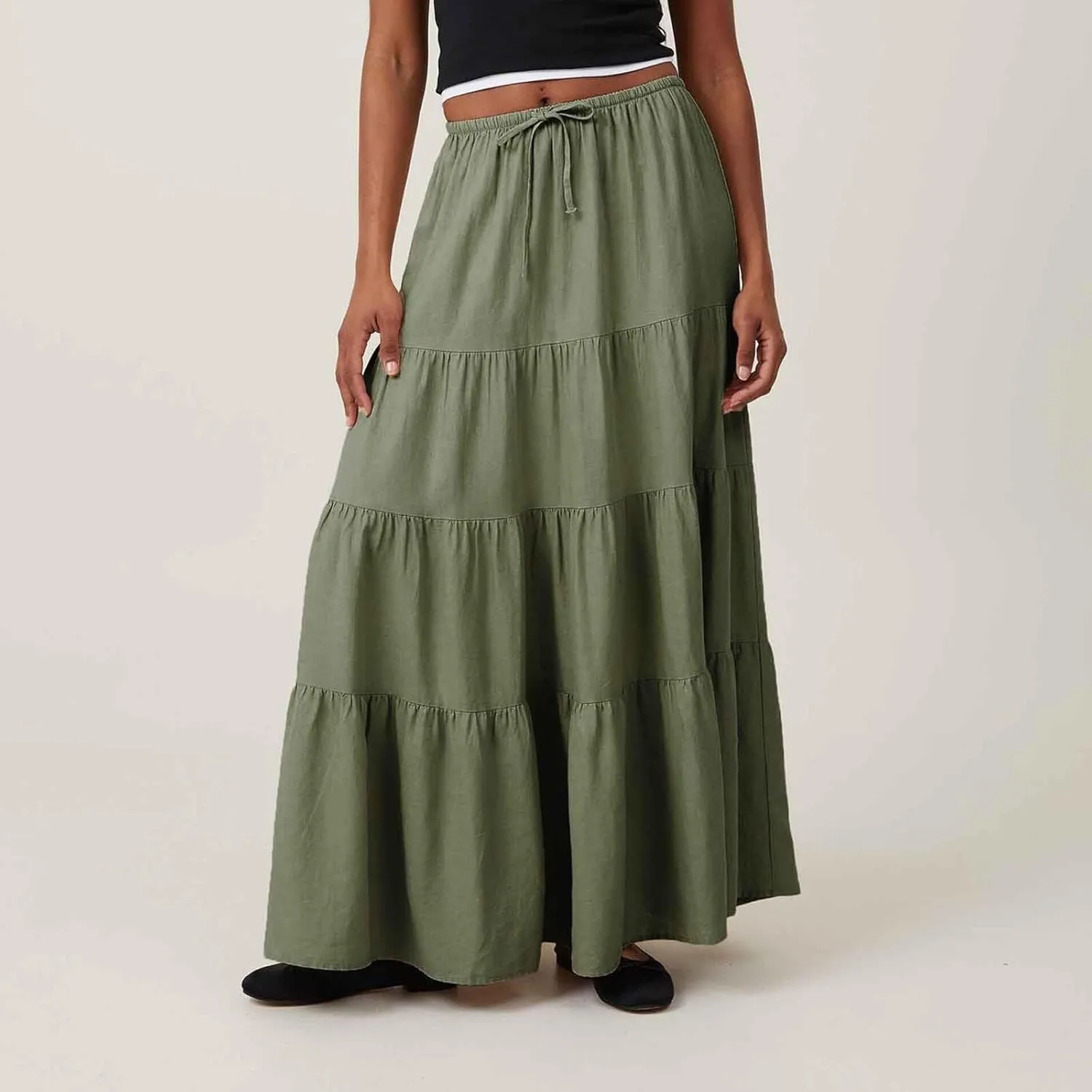 Womens Boho Maxi Skirt Solid Ruffle Swing Elastic High Waisted Pleated Flowy Skirts 2025 Trendy Summer Beach Skorts