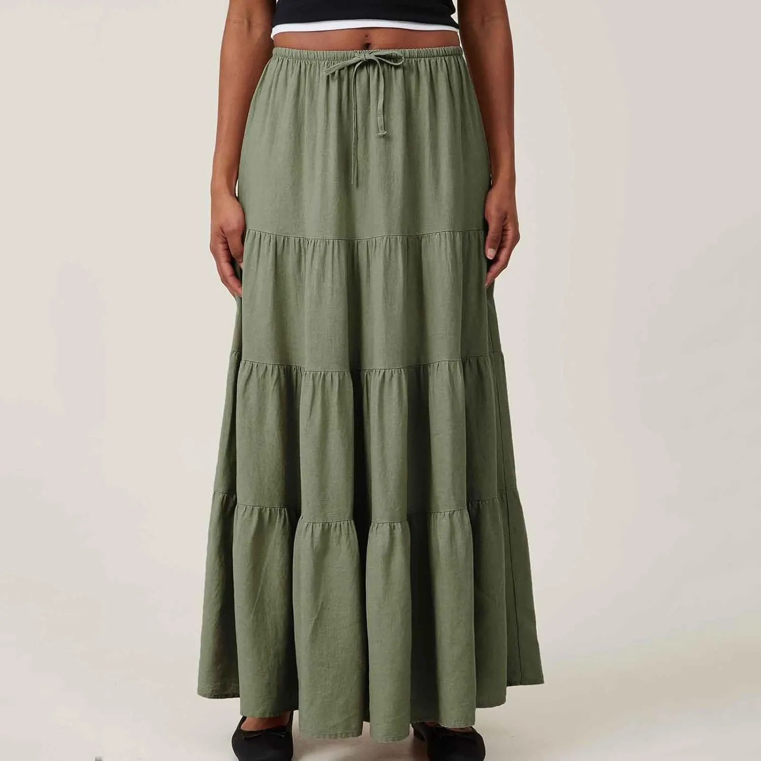 Womens Boho Maxi Skirt Solid Ruffle Swing Elastic High Waisted Pleated Flowy Skirts 2025 Trendy Summer Beach Skorts