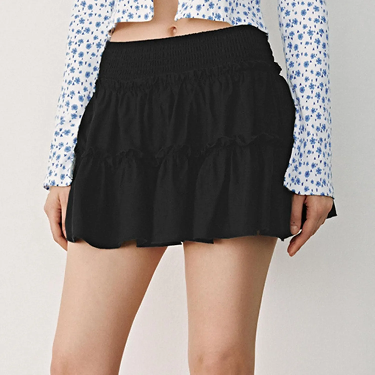 Womens Boho Mini Skirt 2025 Summer Beach Skirts High Waisted Ruffled Tiered A Line Flowy Skirts Built-in Shorts