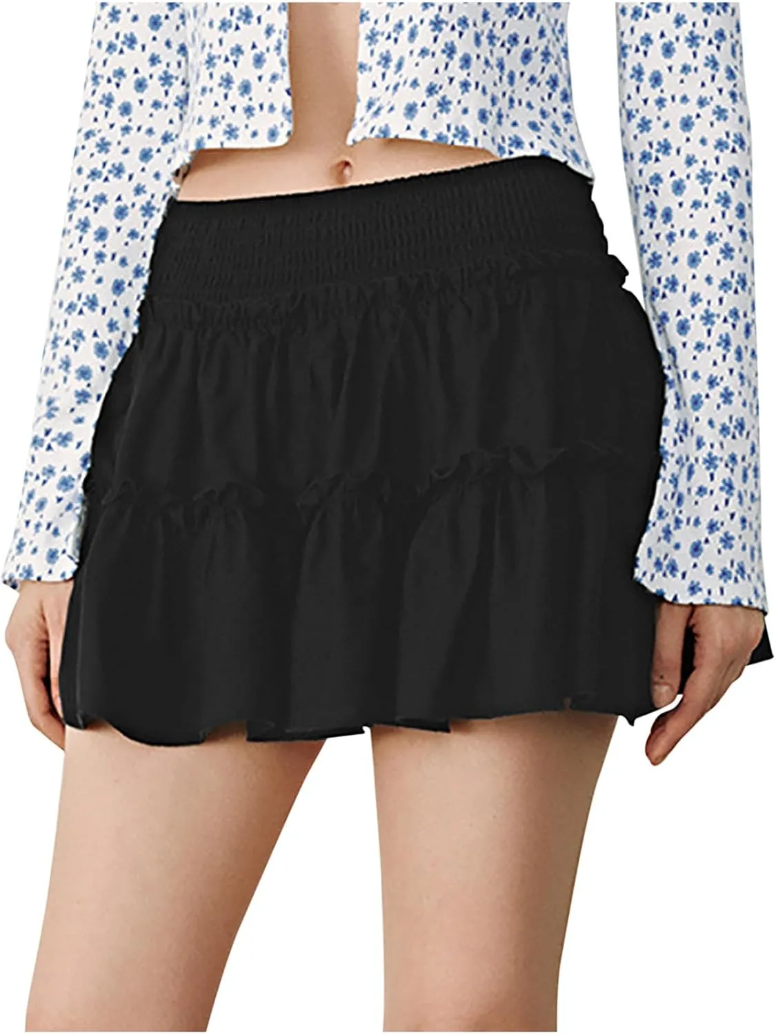 Womens Boho Mini Skirt 2025 Summer Beach Skirts High Waisted Ruffled Tiered A Line Flowy Skirts Built-in Shorts