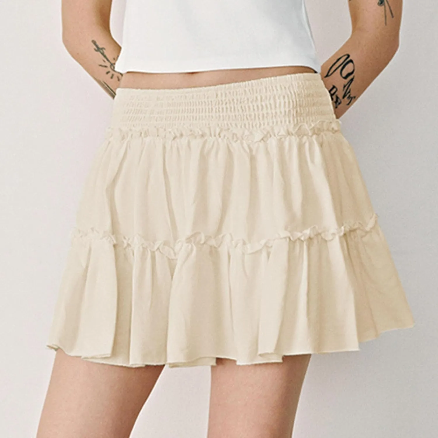 Womens Boho Mini Skirt 2025 Summer Beach Skirts High Waisted Ruffled Tiered A Line Flowy Skirts Built-in Shorts