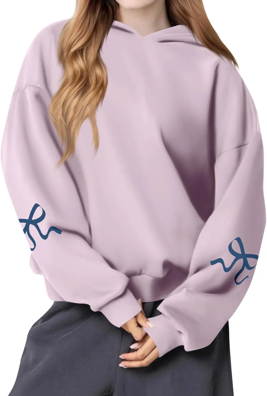 Women's Bow Print Hoodies 2025 Spring Trendy Long Sleeve Sweatshirts Cute Preppy Clothes Casual Graphic Pullover Tops