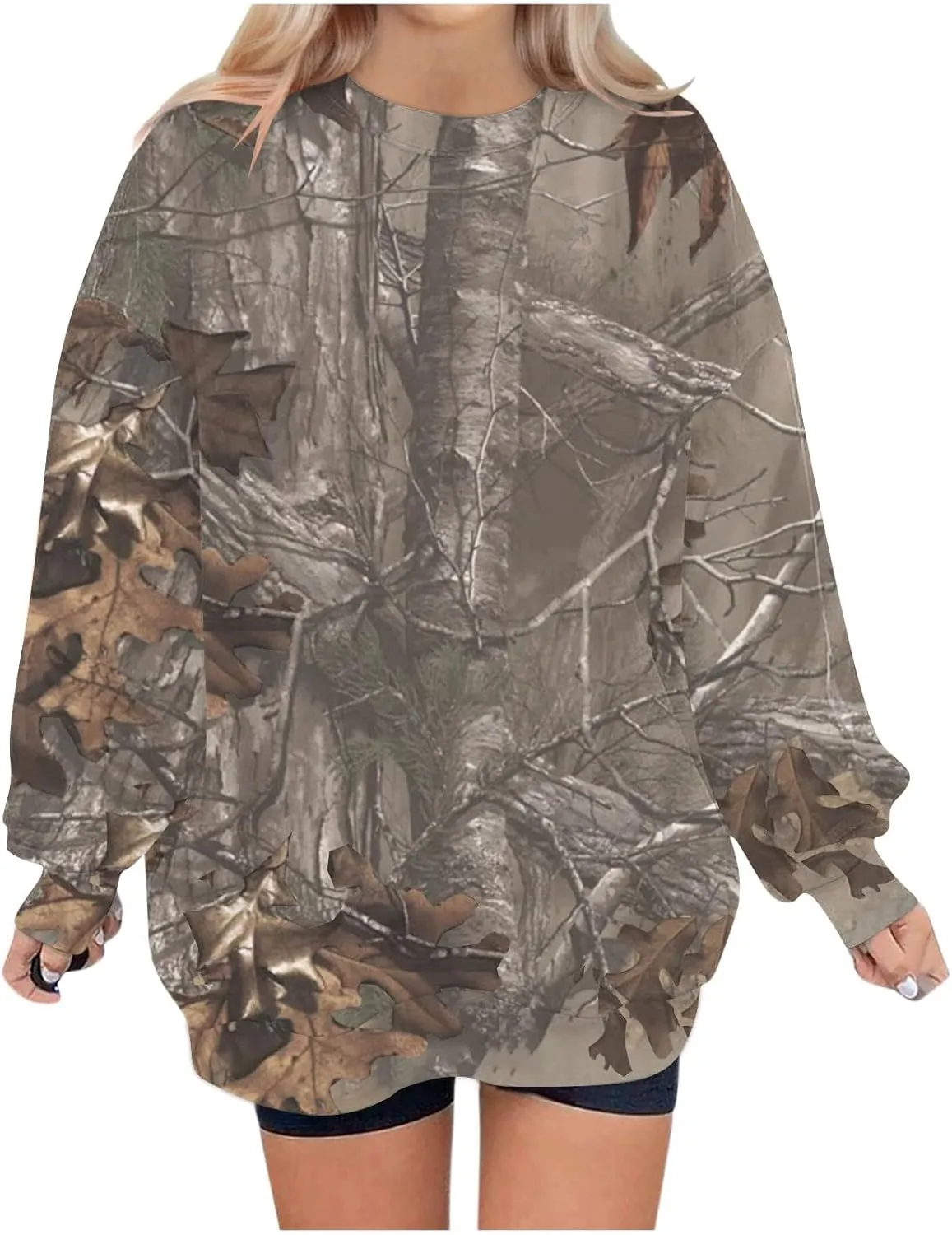 Women's Camo Sweatshirt Maple-Leaf Print Oversized Sweatshirt Fleece Crewneck Shirts Casual Fall Pullover Tops