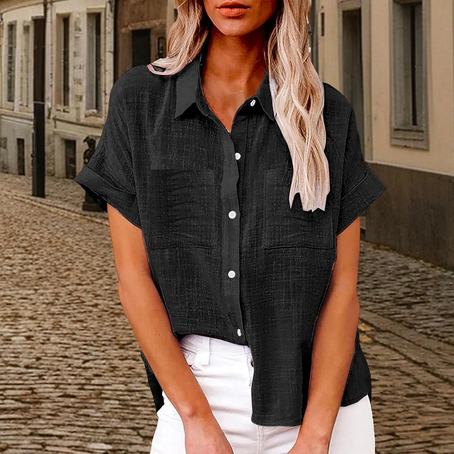 Womens Casual Blouse Button Fly Lapel Collar Short Sleeve Linen Beach Tunics Summer Loose Side Slit Tops with Pockets