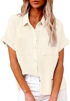 Womens Casual Blouse Button Fly Lapel Collar Short Sleeve Linen Beach Tunics Summer Loose Side Slit Tops with Pockets