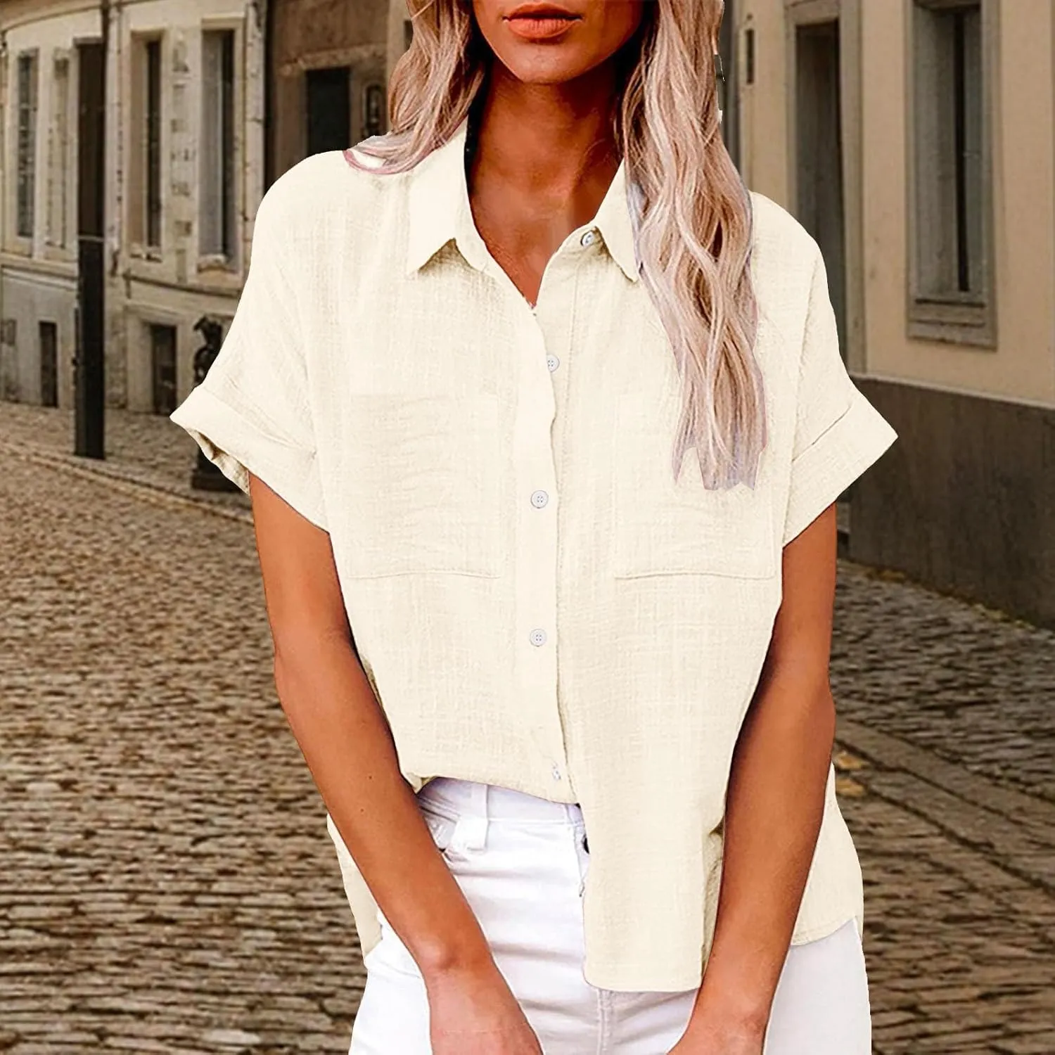 Womens Casual Blouse Button Fly Lapel Collar Short Sleeve Linen Beach Tunics Summer Loose Side Slit Tops with Pockets