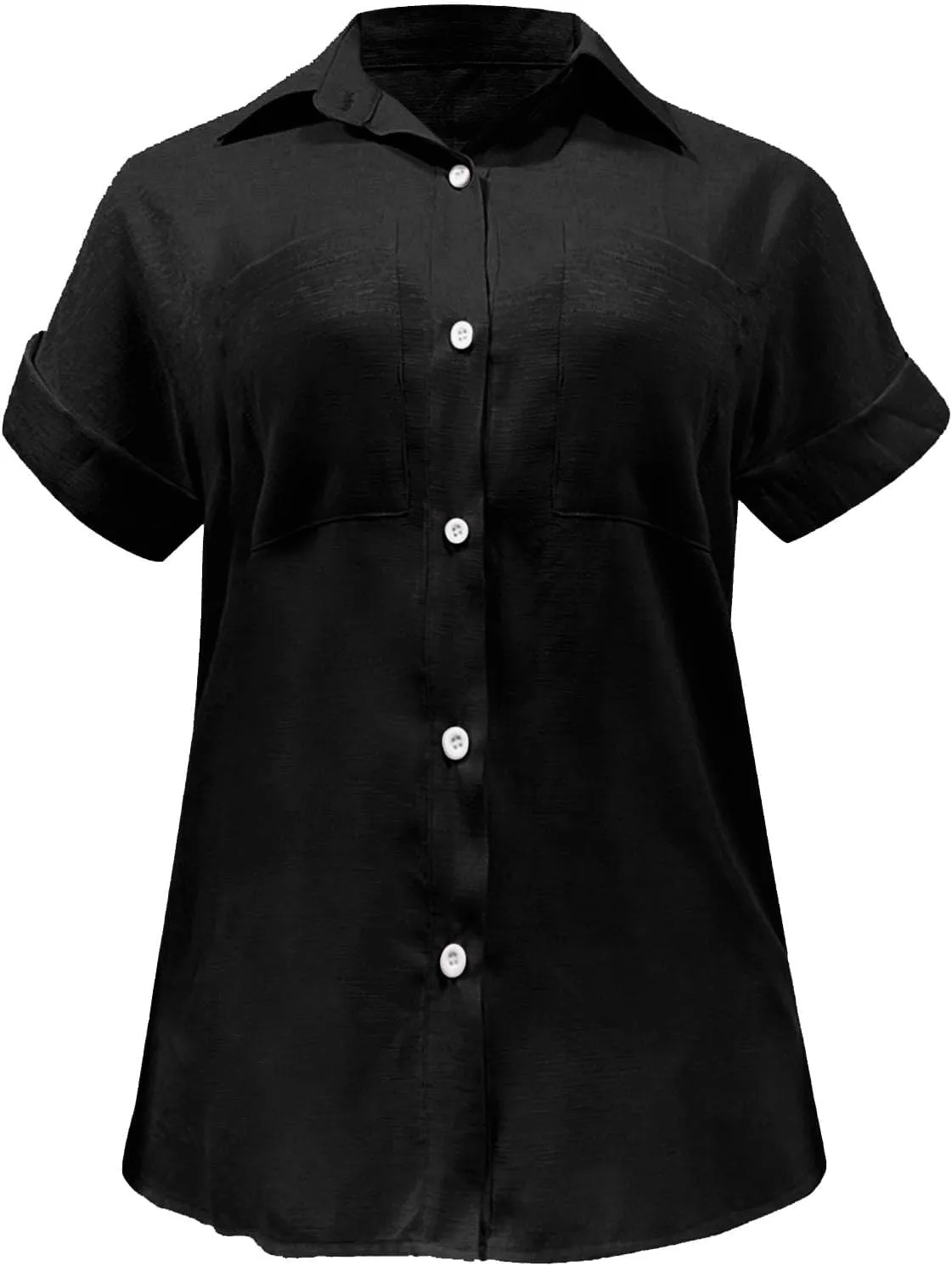 Womens Casual Blouse Button Fly Lapel Collar Short Sleeve Linen Beach Tunics Summer Loose Side Slit Tops with Pockets