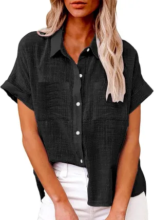Womens Casual Blouse Button Fly Lapel Collar Short Sleeve Linen Beach Tunics Summer Loose Side Slit Tops with Pockets