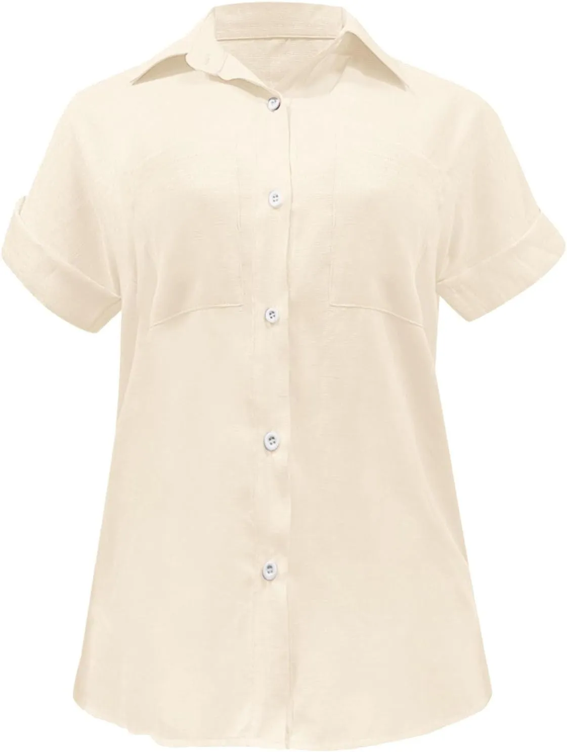 Womens Casual Blouse Button Fly Lapel Collar Short Sleeve Linen Beach Tunics Summer Loose Side Slit Tops with Pockets