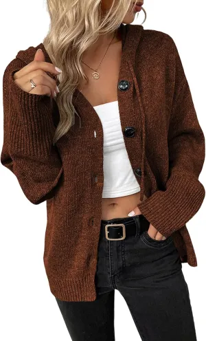 Women's Casual Cardigan V Neck Button Up Hooded Knit Sweaters Long Sleeve Hoodie Oversized Outfits Open Front Tops