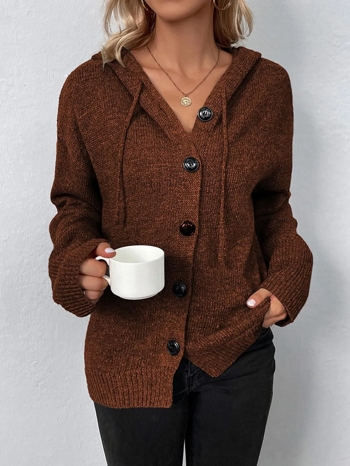 Women's Casual Cardigan V Neck Button Up Hooded Knit Sweaters Long Sleeve Hoodie Oversized Outfits Open Front Tops