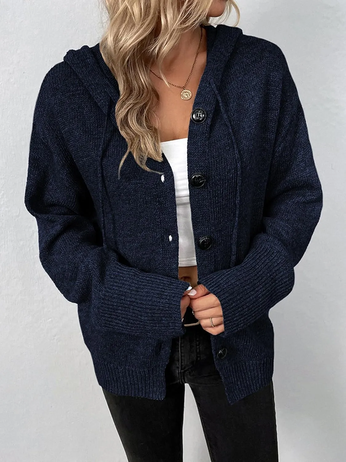 Women's Casual Cardigan V Neck Button Up Hooded Knit Sweaters Long Sleeve Hoodie Oversized Outfits Open Front Tops