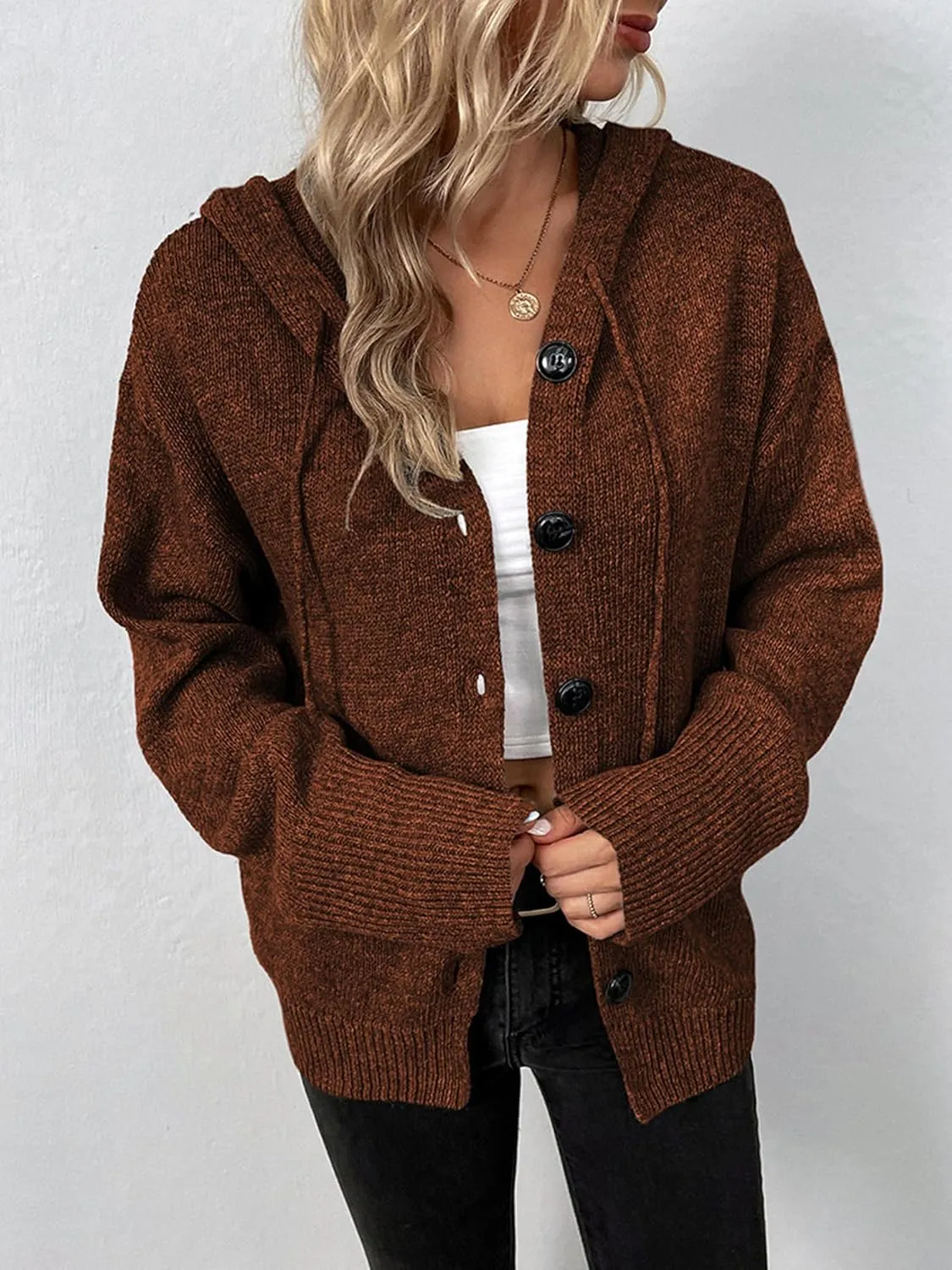Women's Casual Cardigan V Neck Button Up Hooded Knit Sweaters Long Sleeve Hoodie Oversized Outfits Open Front Tops