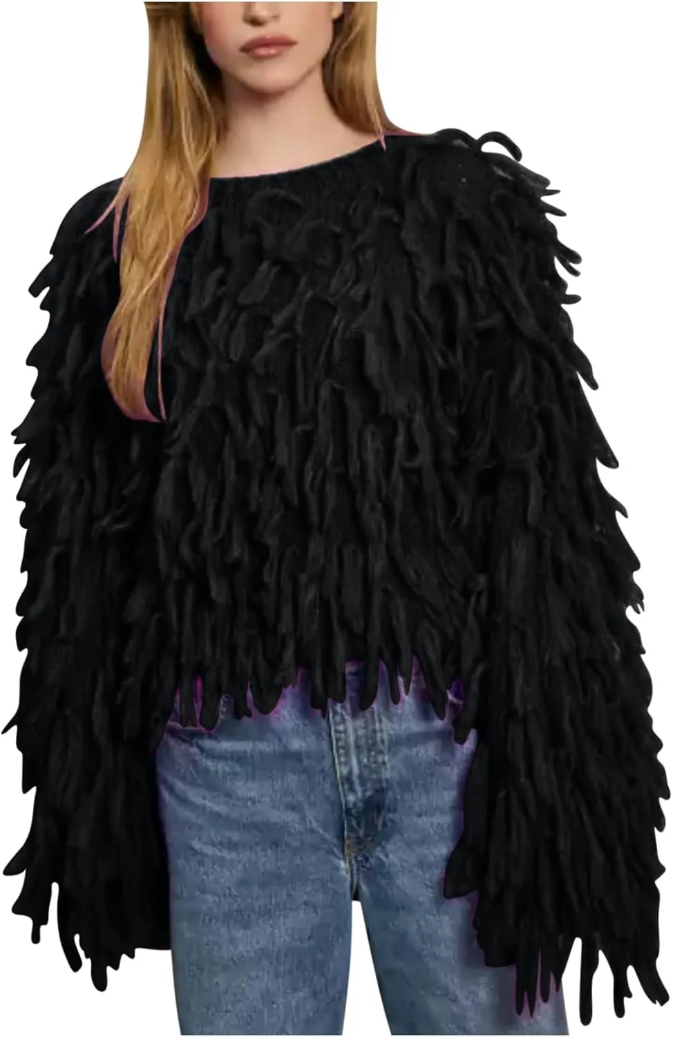 Women's Casual Crewneck Fringe Tassel Knitted Pullover Sweater Jumper Tops Fall Sweaters Chunky Knit Jumper Tops