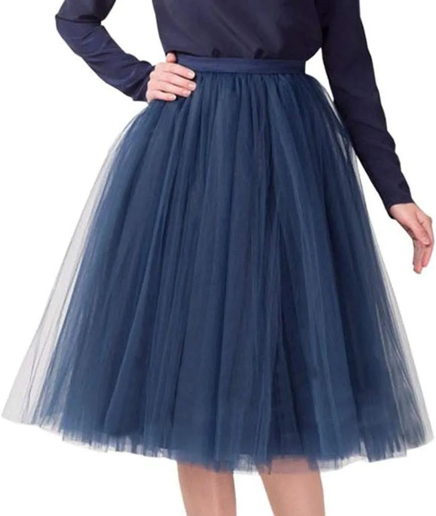 Womens Casual High Waisted Skirts Fashion Solid Versatile A Line Fairy Skirt Prom Party Knee Length Skirt Tutu Skirt