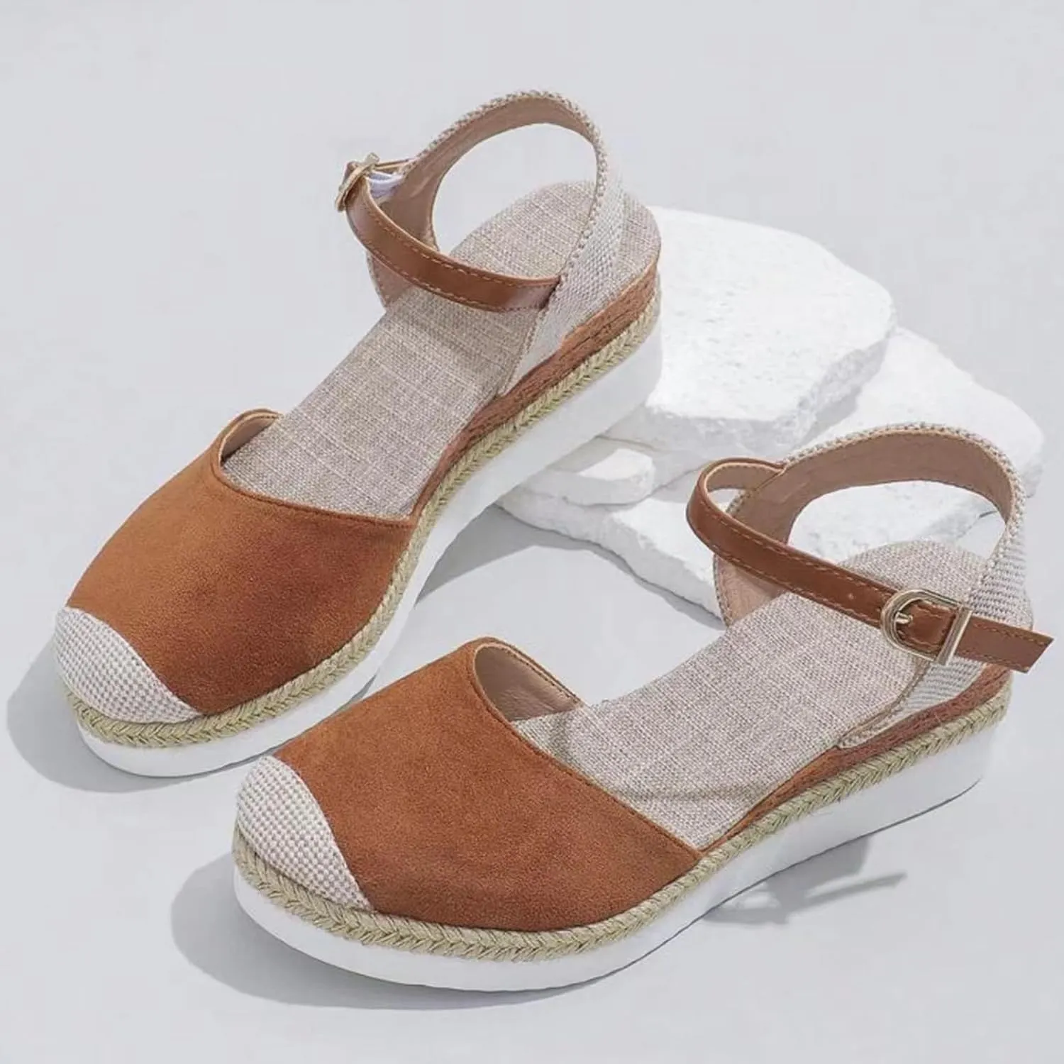 Women's Closed Toe Elastic Ankle Strap Espadrilles Wedge Sandals Summer Espadrilles Orthopedic Platform Buckle Ankle Strap Sandal Casual Flat Strappy Slip on Comfortable Beach Boho Outdoor Cool Shoes