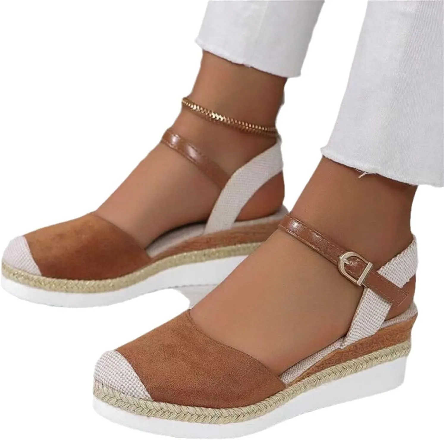 Women's Closed Toe Elastic Ankle Strap Espadrilles Wedge Sandals Summer Espadrilles Orthopedic Platform Buckle Ankle Strap Sandal Casual Flat Strappy Slip on Comfortable Beach Boho Outdoor Cool Shoes