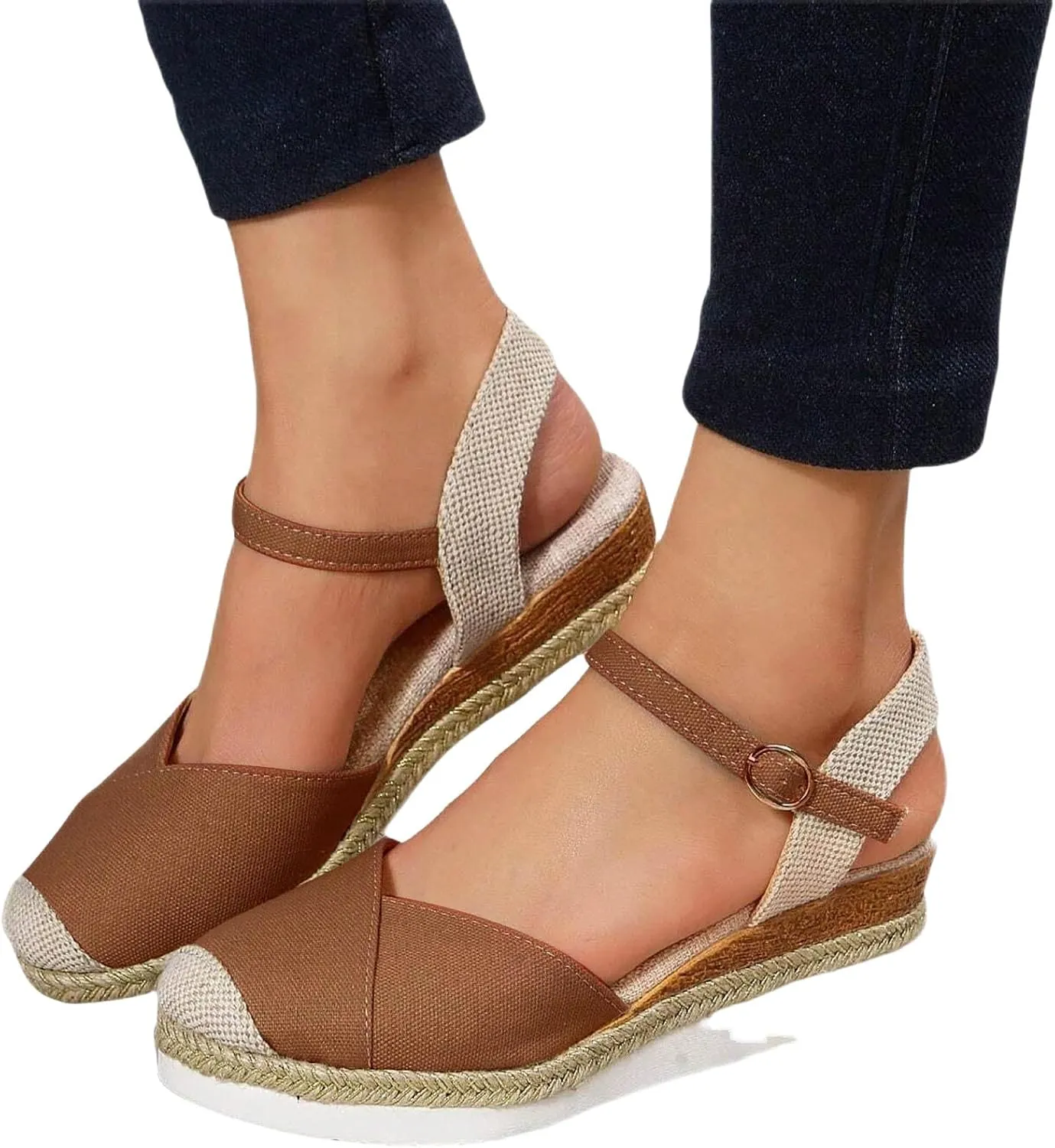Women's Closed Toe Elastic Ankle Strap Espadrilles Wedge Sandals Summer Espadrilles Orthopedic Platform Buckle Ankle Strap Sandal Casual Flat Strappy Slip on Comfortable Beach Boho Outdoor Cool Shoes