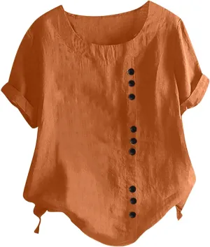 Womens Cotton Linen Button Down Shirt Short Sleeve Print Blouse Casual Crew Neck Tops Summer Flowy Tops for 2024