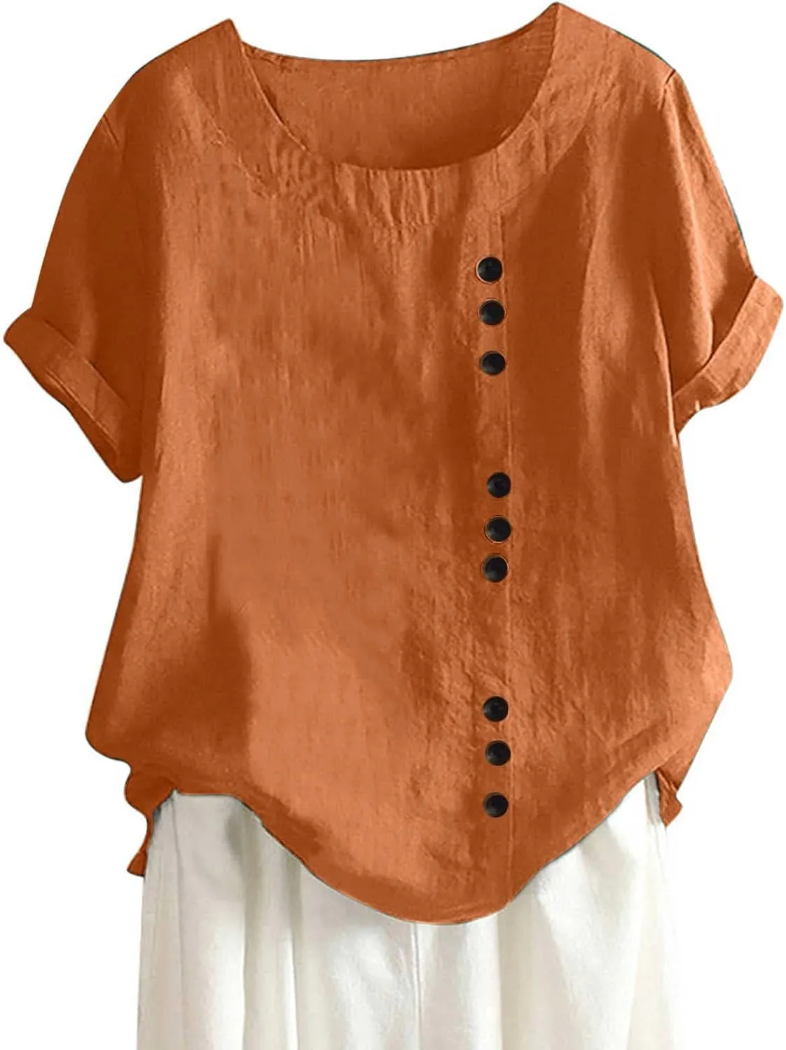 Womens Cotton Linen Button Down Shirt Short Sleeve Print Blouse Casual Crew Neck Tops Summer Flowy Tops for 2024