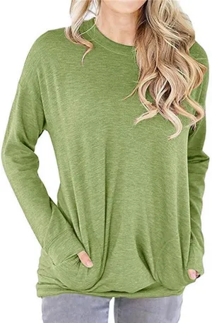Womens Crewneck Long Sleeve Sweatshirts Casual Pullover Tops Loose Shirt with Pockets