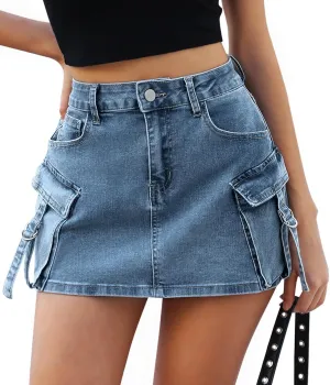 Womens Denim Cargo Skirt Mini High Waisted Button Cute Y2k Jean Skirts with Pockets